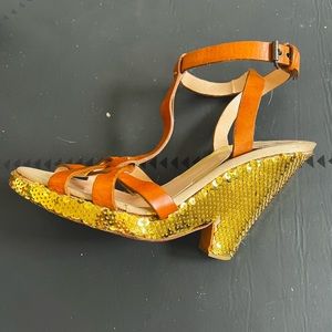 Moschino Leather + Sequin Strappy Wedge Sandal 38